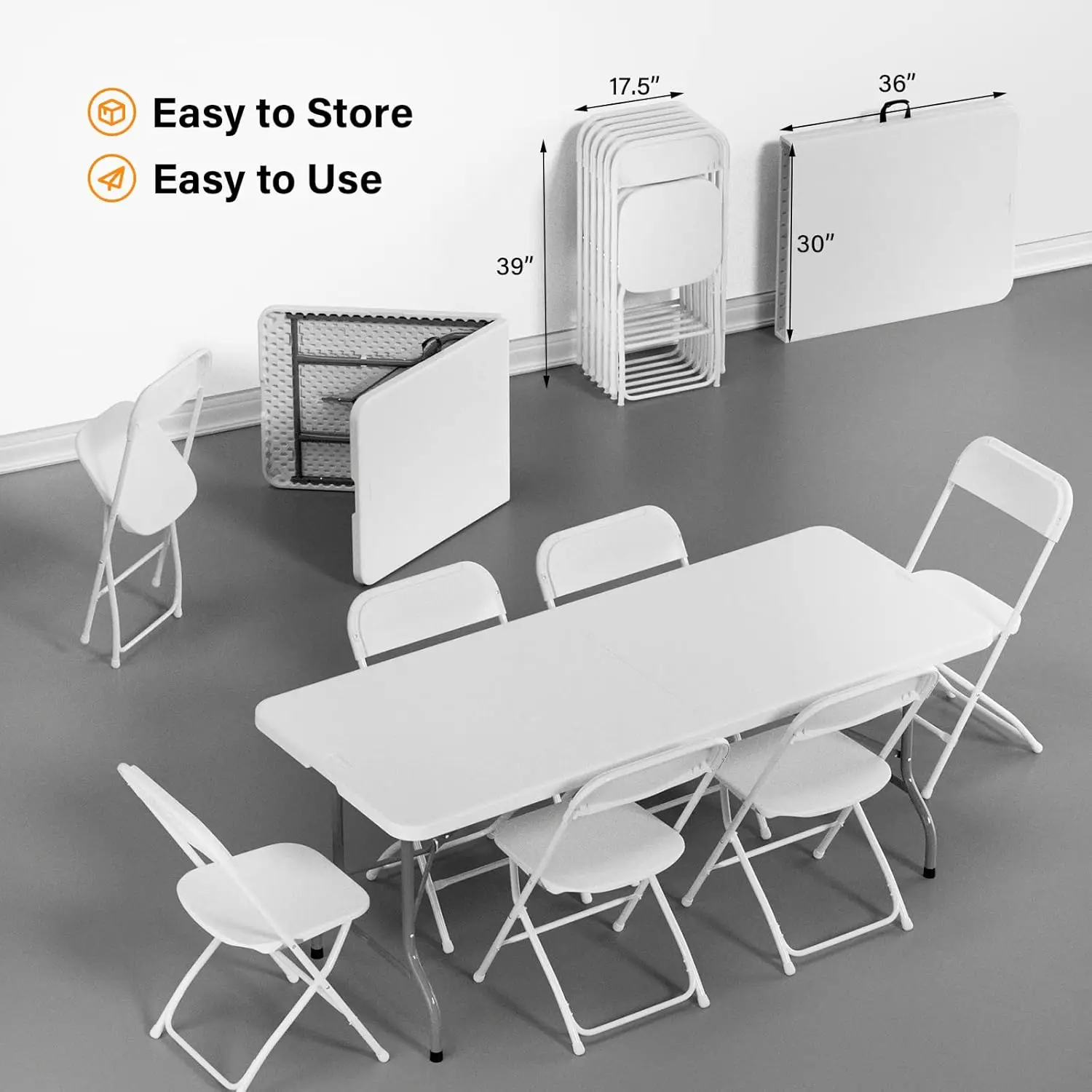 6 FT Plastic Folding Table Set with 8 White Folding Chairs for Picnic, Event, Training, Outdoor Activities, at Home