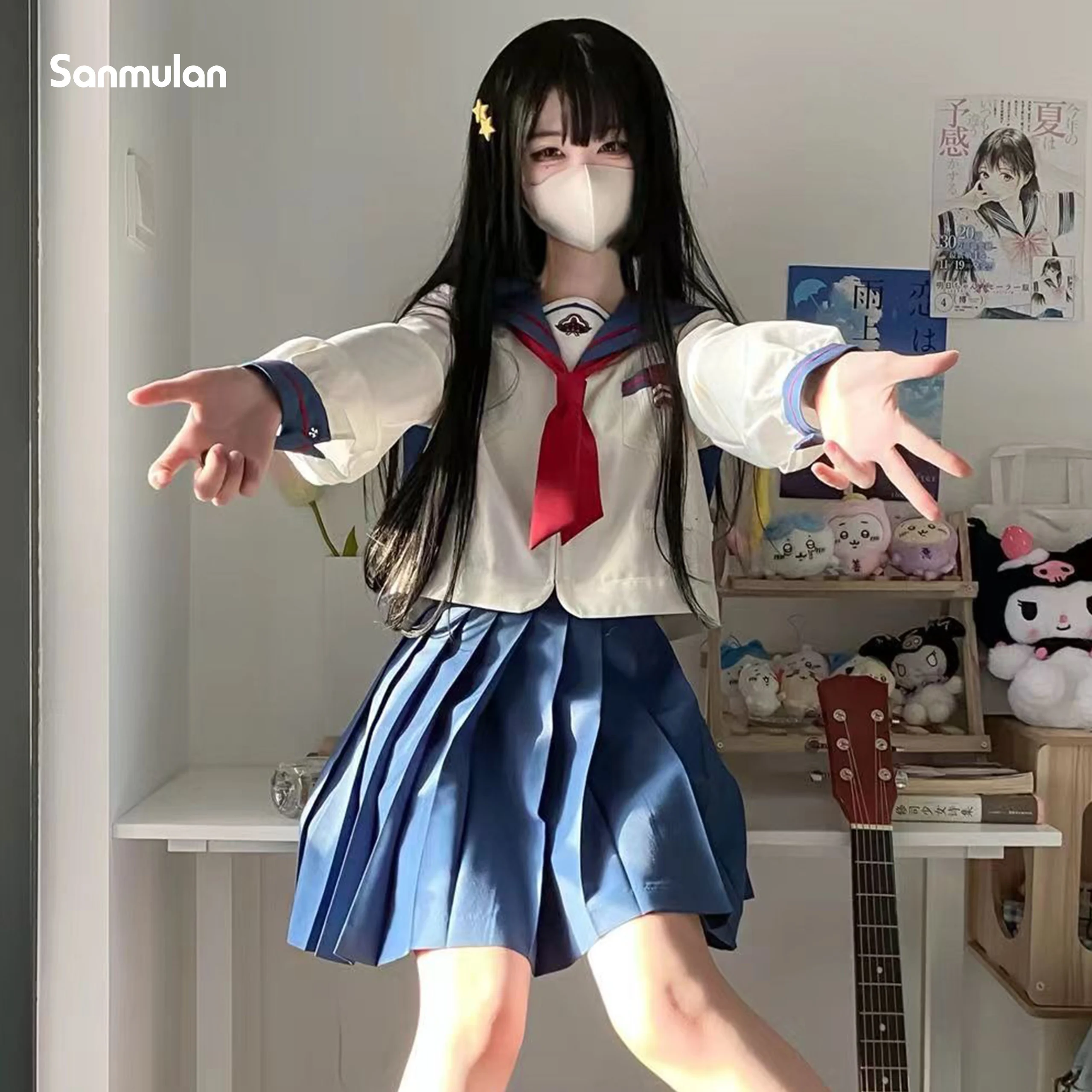 JK Uniform Sailor Suit Casual Style Blue Long-sleeved Pleated Skirt Basic All-match Female Suit Woman Cute Style School Uniform