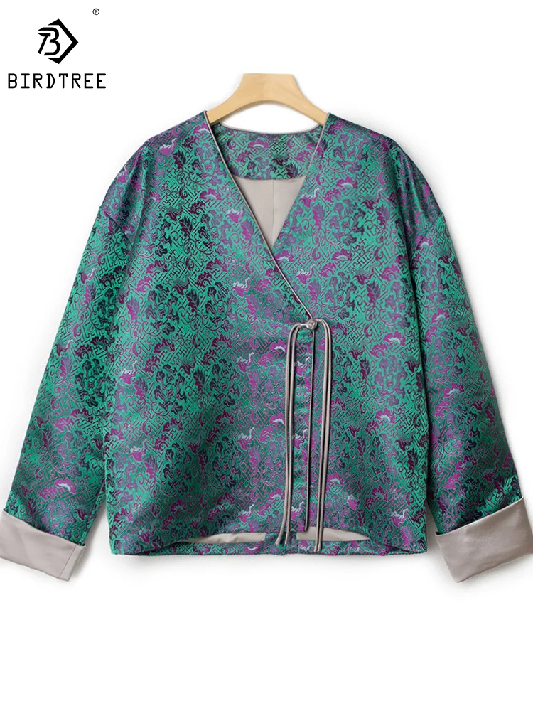 

Birdtree 100%Mulberry Silk Elegant Short Coat V-Neck Jacquard Women Chic Chinese Style Female Jacket 2024 Spring Autumn C3D805QM