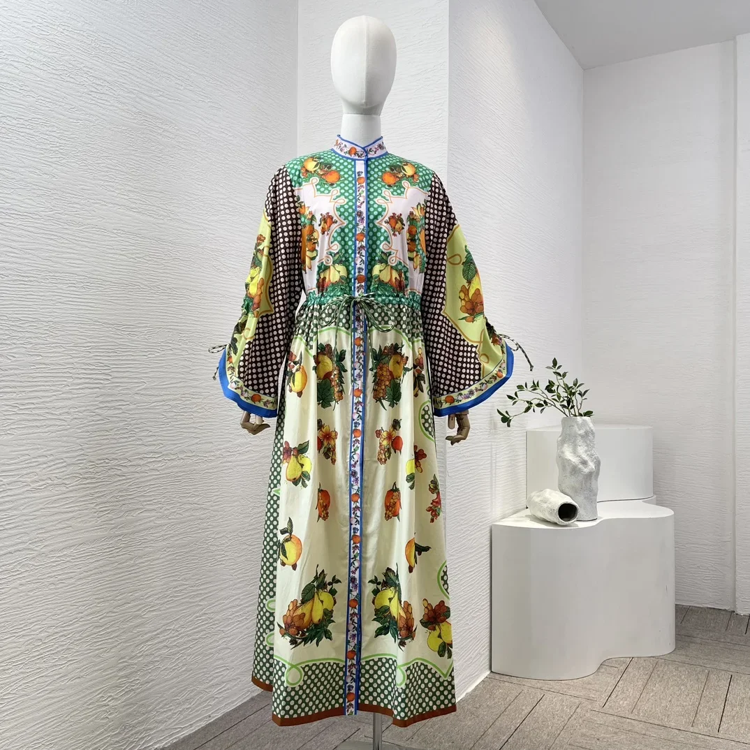 

2024 New High Quality Cotton Green Pear Print Long Sleeve Loose Midi Dress for Women Lady Female