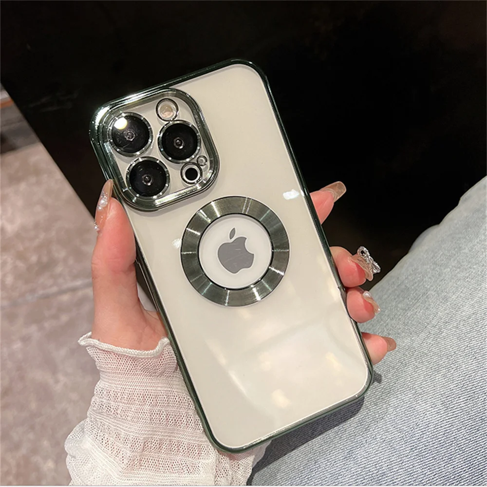 iphone 12 pro max clear case Luxury Transparent Charm Logo Hole Plating Frame Case For iPhone 13 12 11 Pro XS Max XR X 8 7 Plus SE3 Camera Protection Cover iphone 12 pro max clear case