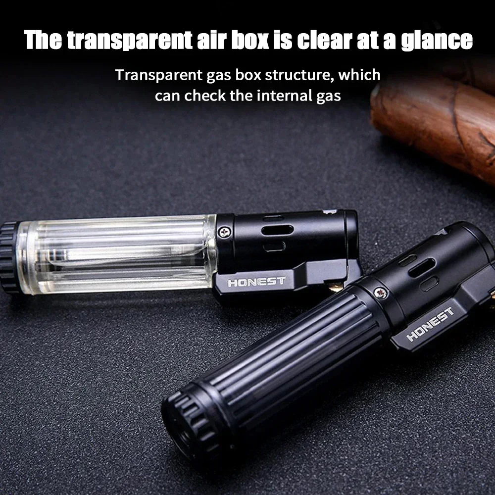 Honest Windproof Blue Flame Butane Gas Lighter Transparent Visible Fuel Tank Torch Lighter Grinding Wheel Ignition Tool