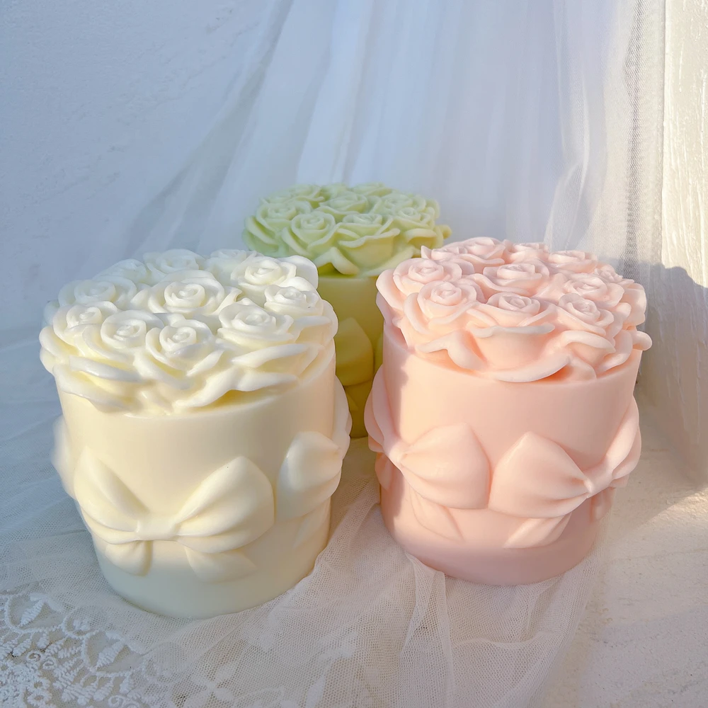 BowknotRoseFlowerCandleMoldCylinderRoseFloralPillarSilicone