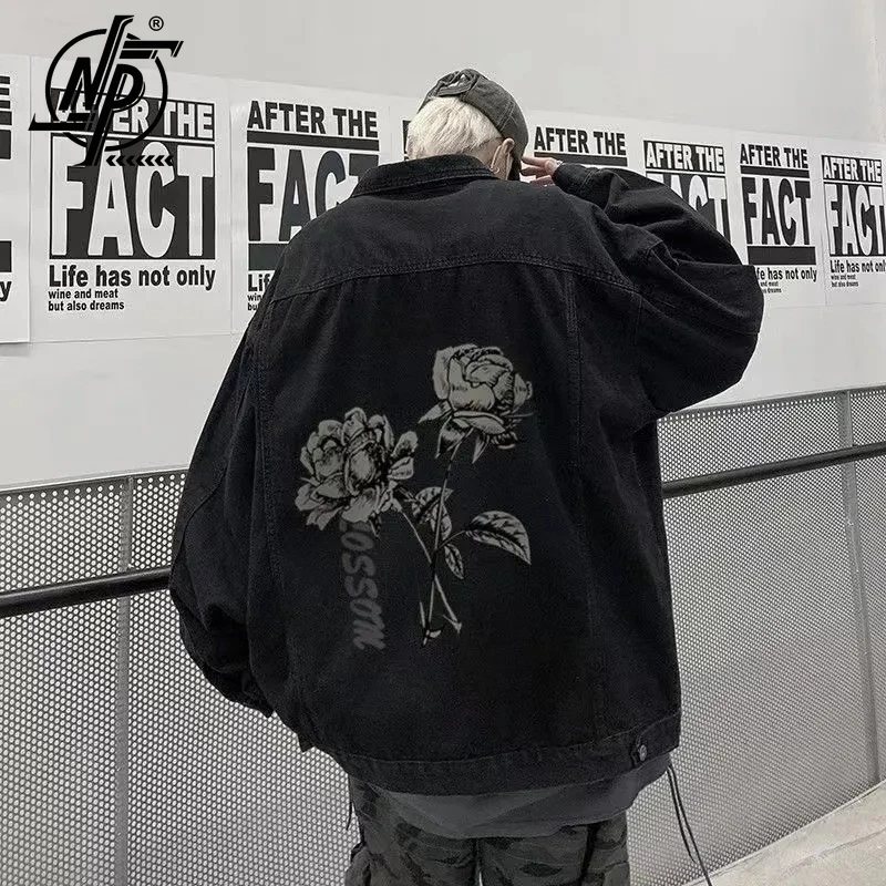 

High Street Vintage Denim Jacket Men Harajuku Rose Letter Print Patchwork Baseball Coats Spring Casual Cargo Jackets Unisex