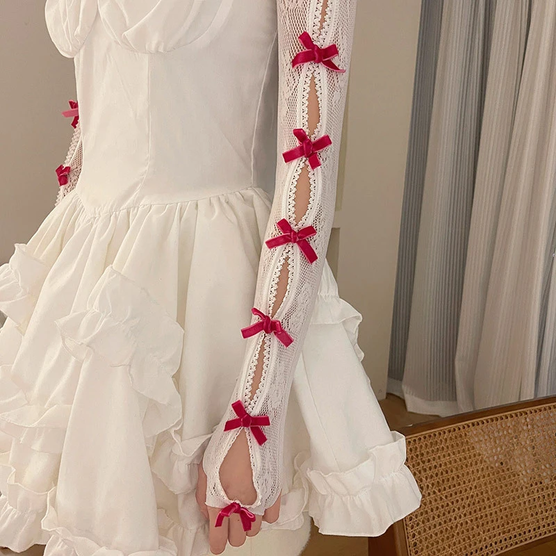 Cute One-piece Lace Bow Sleeves Shawl Arm Warmer Lolita Sweet Jk Mesh Flock Oversleeve Sunscreen Fingerless Long Gloves Women