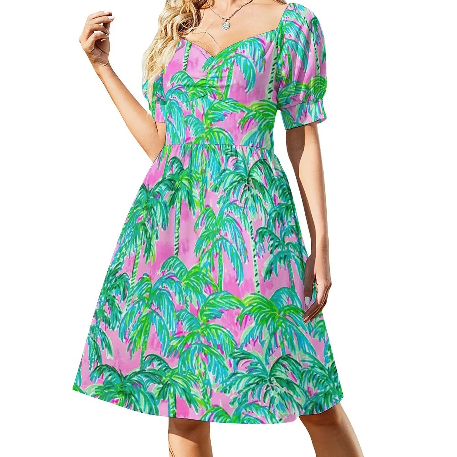 The Pink Green Coconut Trees Sleeveless Dress Prom gown dress women elegant luxury