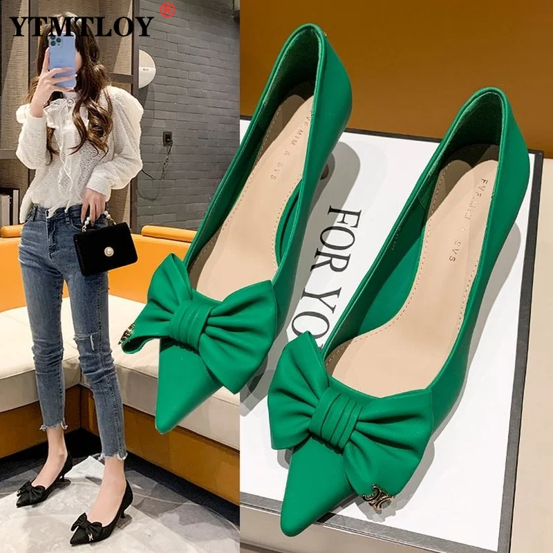Summer Luxury Women Green High Heels Pumps Sweet Ladies Butterfly Knot Pointed Toe Blue Low Heels Female Party Shoes