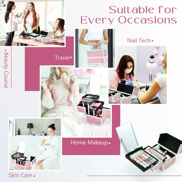 malette maquillage Portable avec miroir, 2 plateaux verrouillés