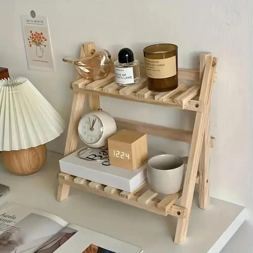 Wooden Storage Shelf 2-Tiers Foldable Organizer Shelves Bedroom Cosmetics Decoration Rack Solid Wood Trapezoidal Display Racks