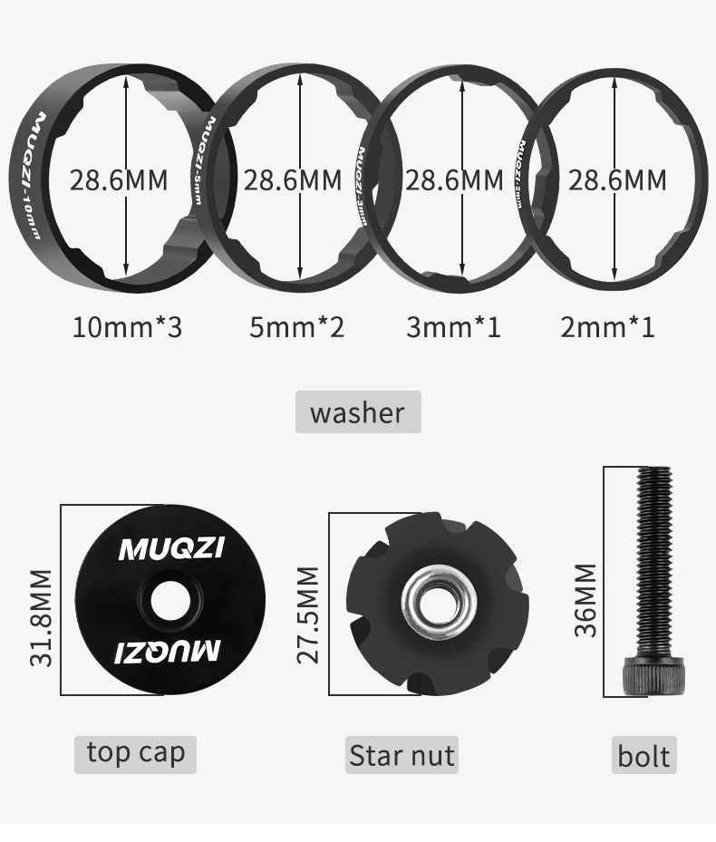 Description Picture 3 of itemMUQZI Bike Headset Spacer Kit 1-1/8 Inch 28.6mm Fork Washer 2mm 3mm 5mm 10mm With Stem Top Cap MTB Road BMX Bicycle Accessories