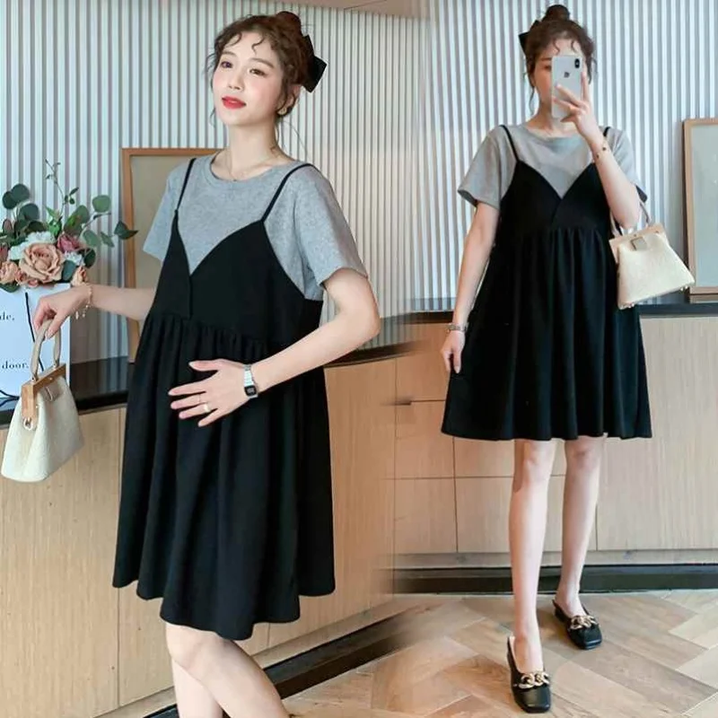 Summer Maternity New Fashion Casual Dresses Summer Mid-Length Maternity Tops Loose False Two-Piece Short-Sleeved Halter Dresses