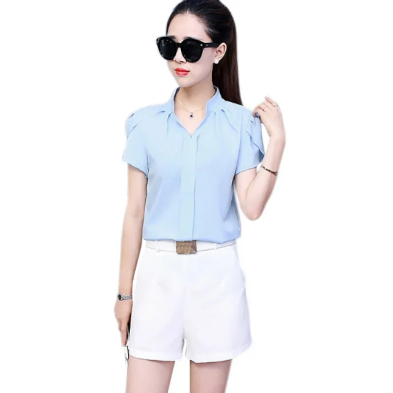 

Women Blusas Summer Short Puff Sleeve Shirt Sexy V neck Loose Female Tops Lady Women Shirt
