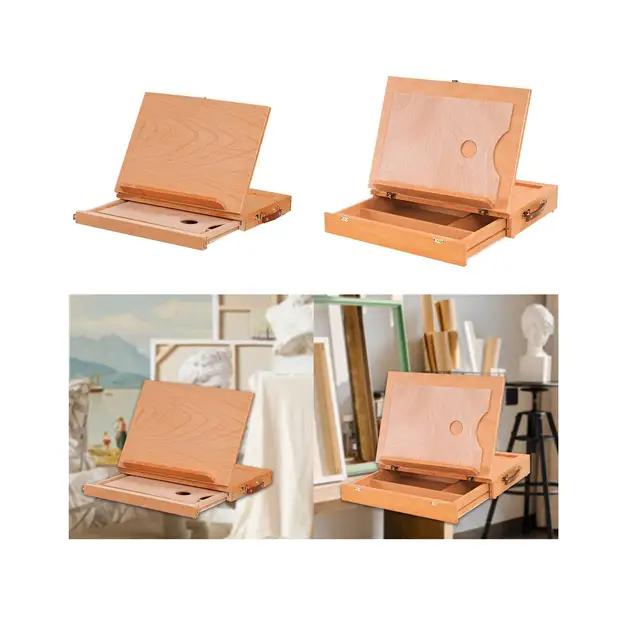 Wood Easel Box Organizer with Drawer Foldable Drawing Board Painting Storage Box for Cookbook Painting Sketching Recipe Drafting 3