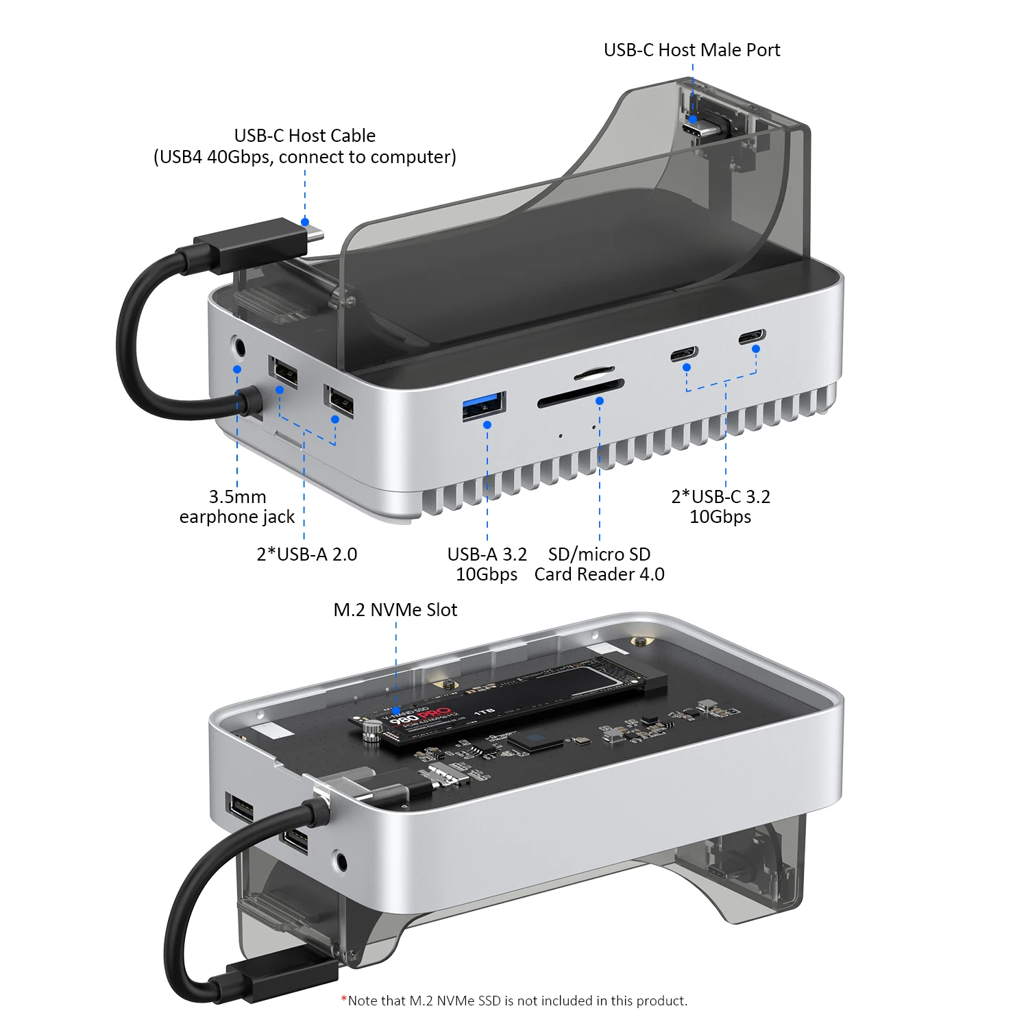 PULWTOP Mac mini M4 dockingstation met 4 TB SSD behuizing (SSD niet inbegrepen), USB C hub