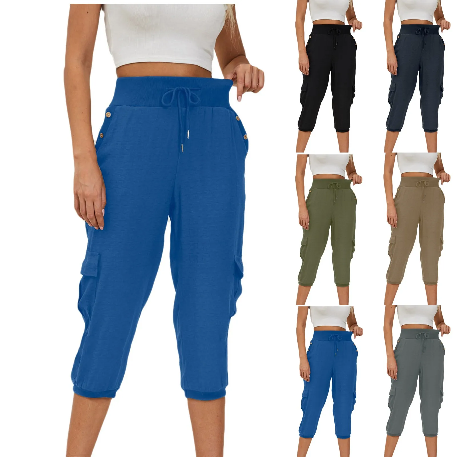 Women'S Elastic Waist 3/4 Pants With Pockets Cotton Linen Casual Loose Solid Yoga Jogger Pants New Fashion 2023 Women'S Pants