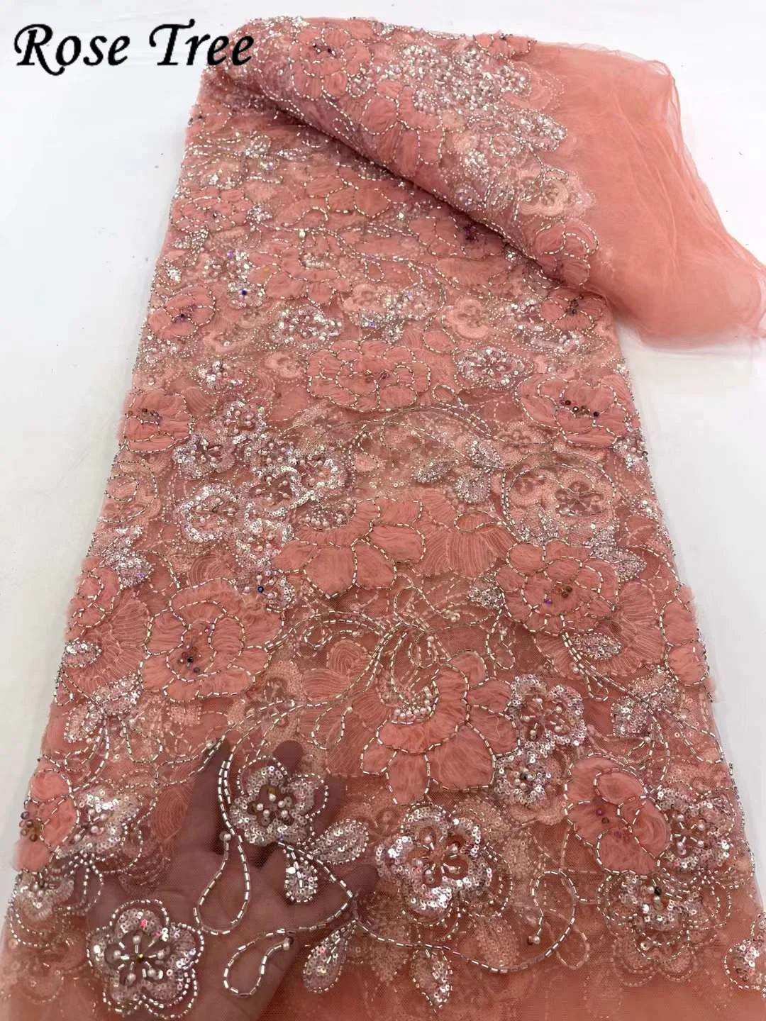 

Luxury African Sequins Beaded Lace Fabric Groom Embroidery French Mesh Sequins Nigeria Tulle Lace for Wedding Dress Sewing