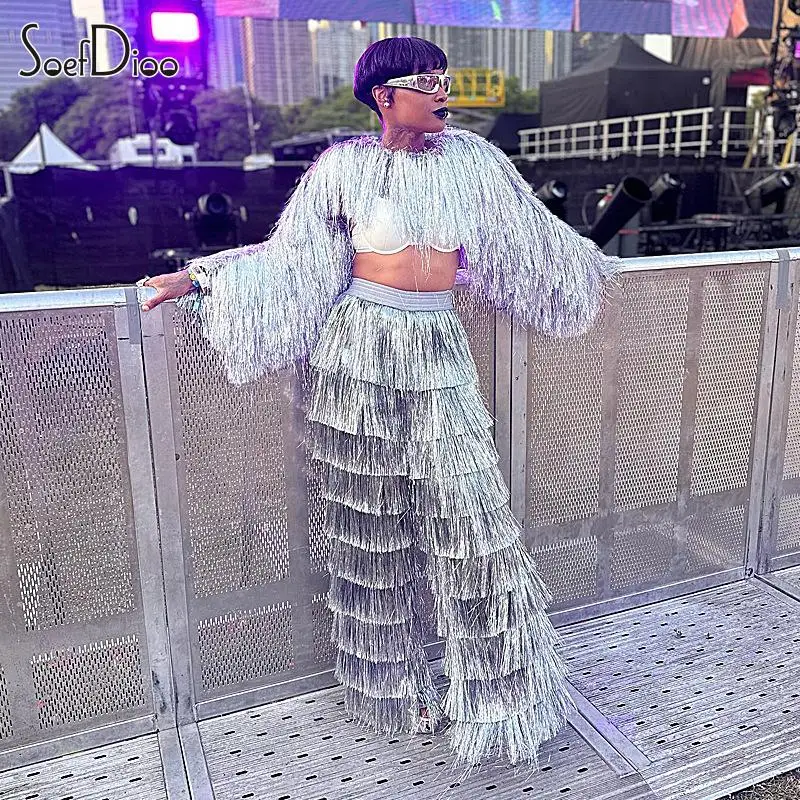 

Soefdioo Tassel Two Piece Set Women Fashion Long Sleeve Crop Top+Lantern Wide Leg Pants Suits 2023 Sexy Party Outfits Tracksuit
