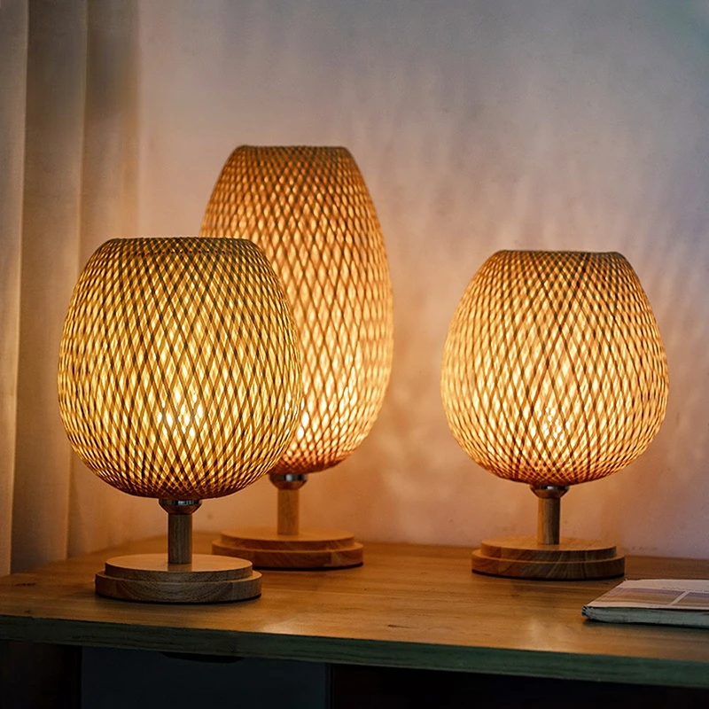 

Retro Handmade Rattan Bamboo Weaving Table Lamp Creative Bedroom Restaurant Bedside Desk Lights Chinese Pastoral Table Light