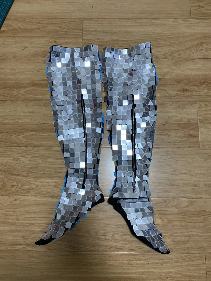 Folk Dance Singer Party Show Mirror Shoes Women Stage Show Costume Over Knee Boots Nightclub Gogo Mirror boot cocovers