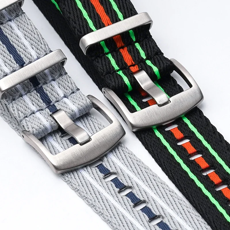 Striped Woven Nylon Watch Band with Stainless Steel Buckle, 20mm & 22mm