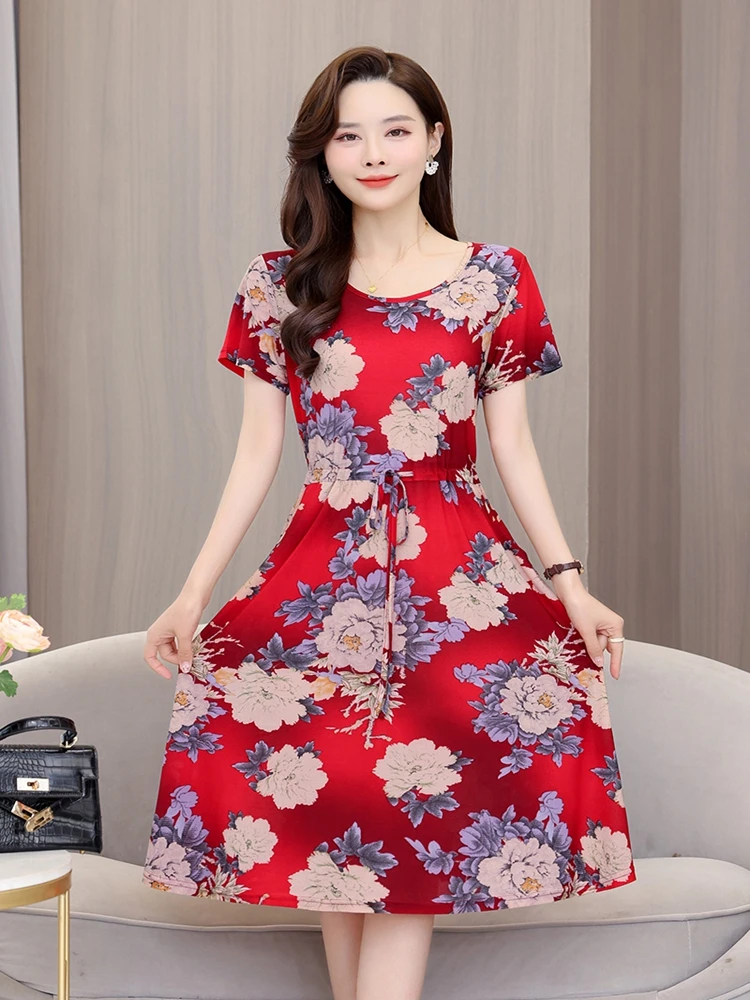 

Size 6XL 5XL 4XL 3XL Fashion New Summer Loose Pocket Medium Length Short Sleeve Bottom Floral Round Neck Dress