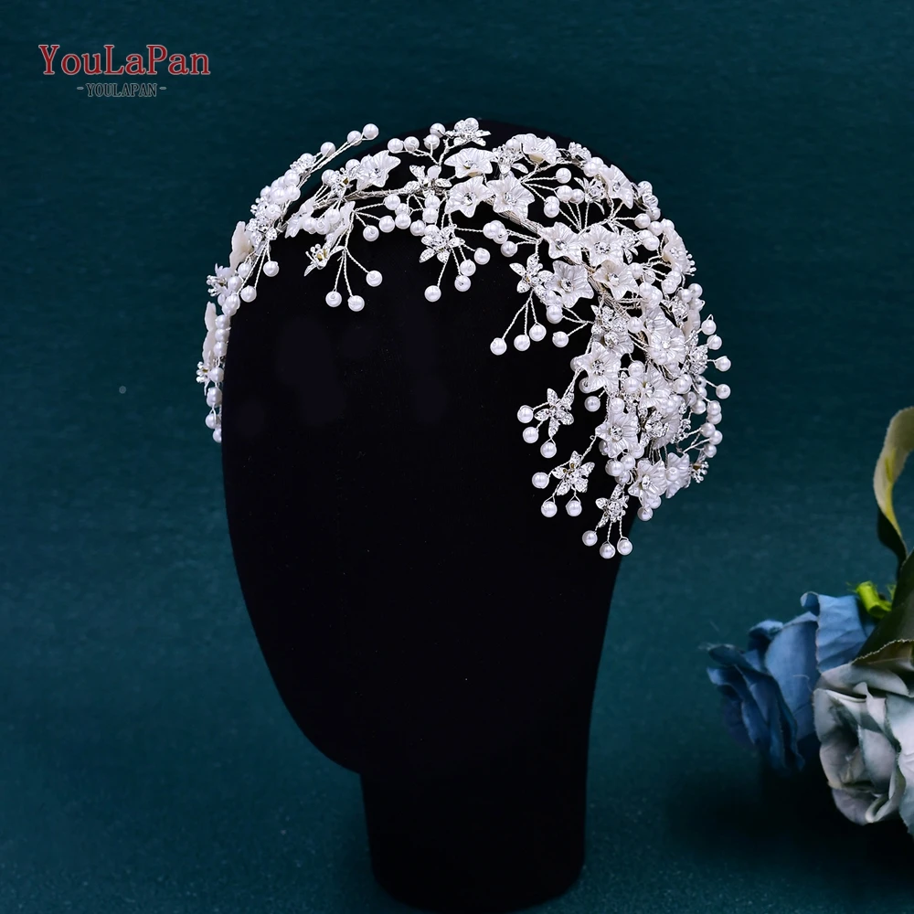 TOPQUEEN Bridal Headband Bride Hair Decoration Wedding Women Headpiece Shell Flower Hair Accessories Rhinestone Headwear HP676