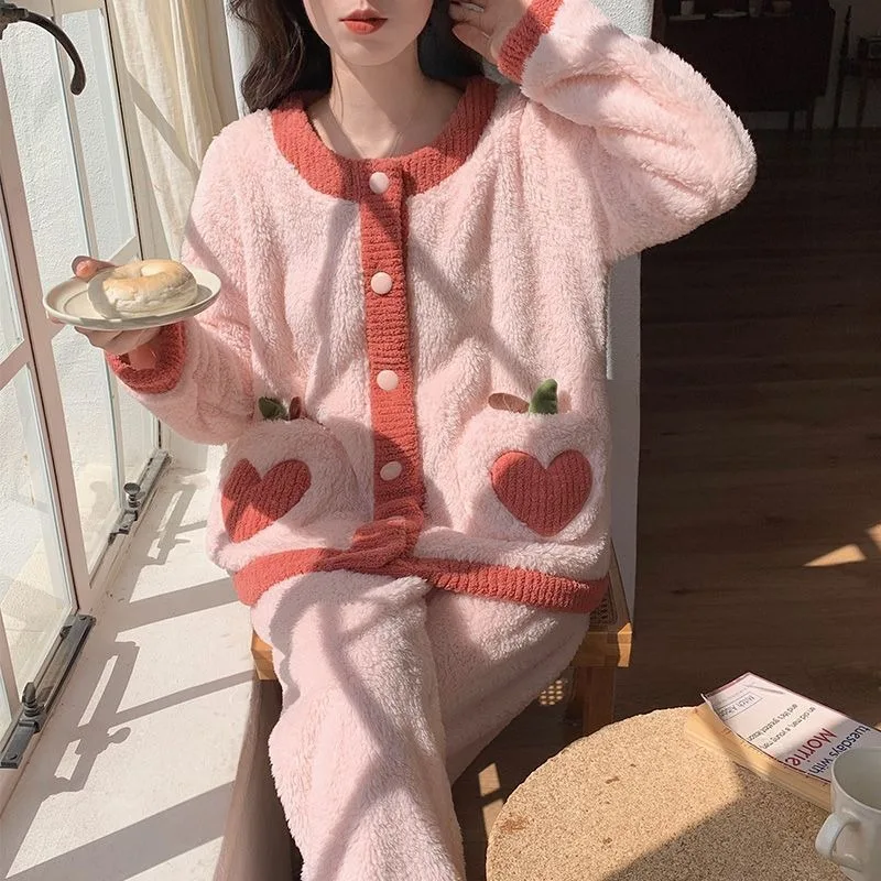 2024 New Coral Velvet Pajamas Women Cardigan Autumn Winter Plus Velvet Padded Loungewear Suit Sweet Lovely Flannel Homewear