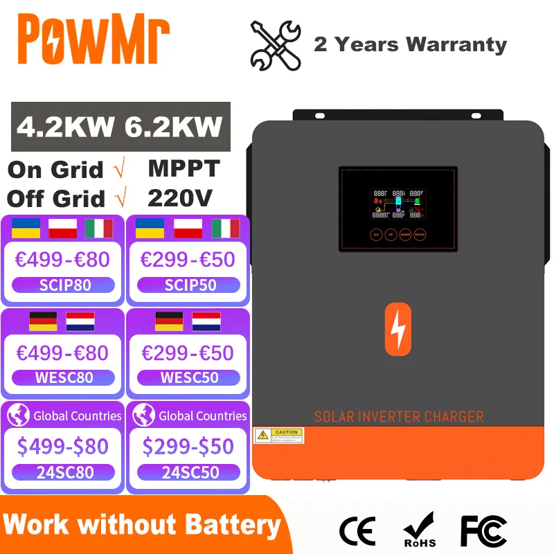 PowMr 6.2KW 4.2KW Hybrid Solar Inverter On Grid Pure Sine Wave Inverter 24V 48V 230V Dual Output with MPPT 120A Solar Charger