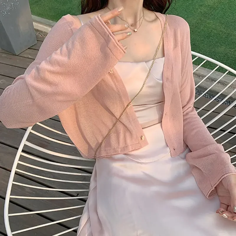 

Summer Girl Full Sleeve V-neck Slim Short Cropped Cardigan New Sweet Cute Style Solid Women Tshirts 2024 Fashion Knitted Jacket