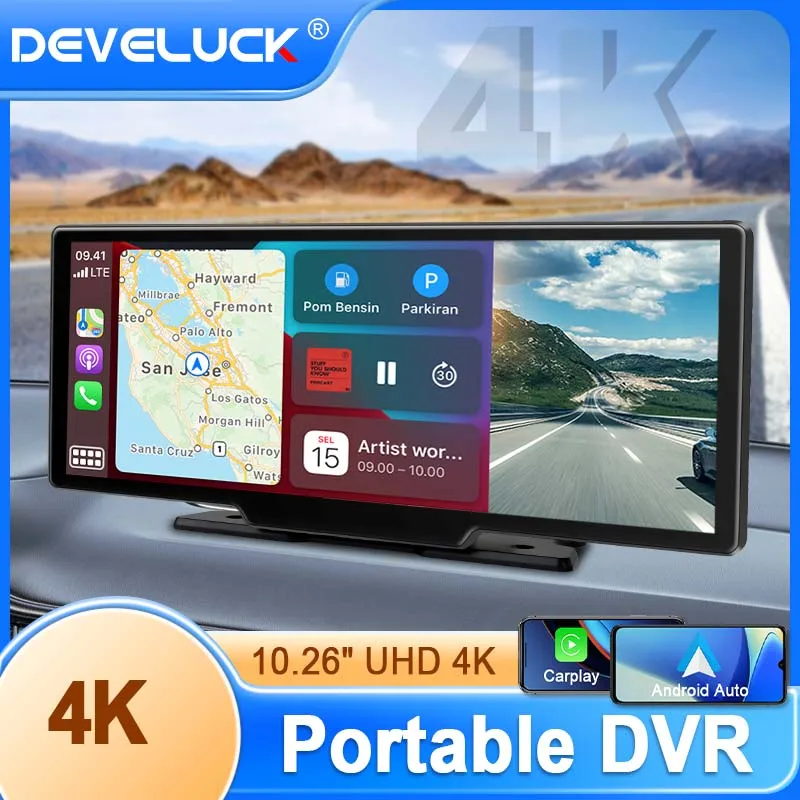 대시 캠 무선 카플레이 및 안드로이드 자동차 DVR 네비게이션 백미러 카메라, 5G 와이파이 GPS 대시보드 비디오 녹음기, 10.26 인치 4K