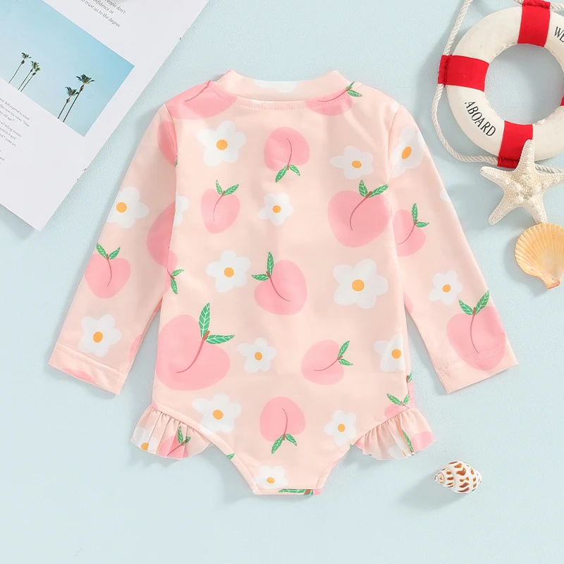 여아용 여름 과일 프린트 플리츠 긴 소매 모노키니 수영복, 귀여운 비치 수영복, 6M-4T