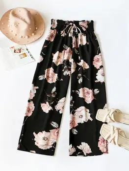 【Plus Size Floral Print Bow Front Wide Leg Pants, Boho Shirred High Waist Trousers for Holiday Wear 1