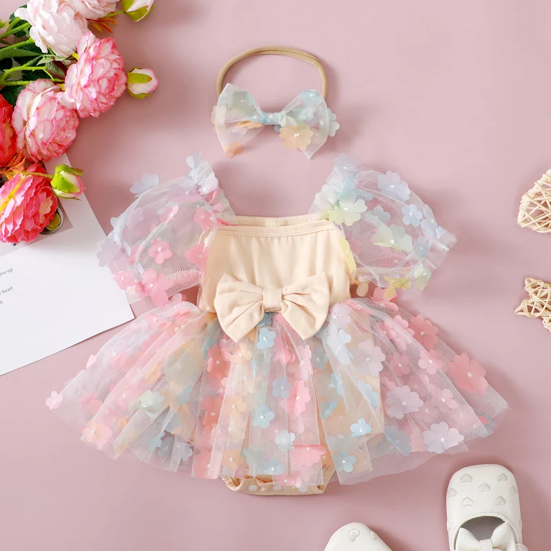 

Baby Girls Rompers Dress Flower Embellished Short Sleeve Mesh Skirt Hem Infant Bodysuits Summer Clothes with Headband