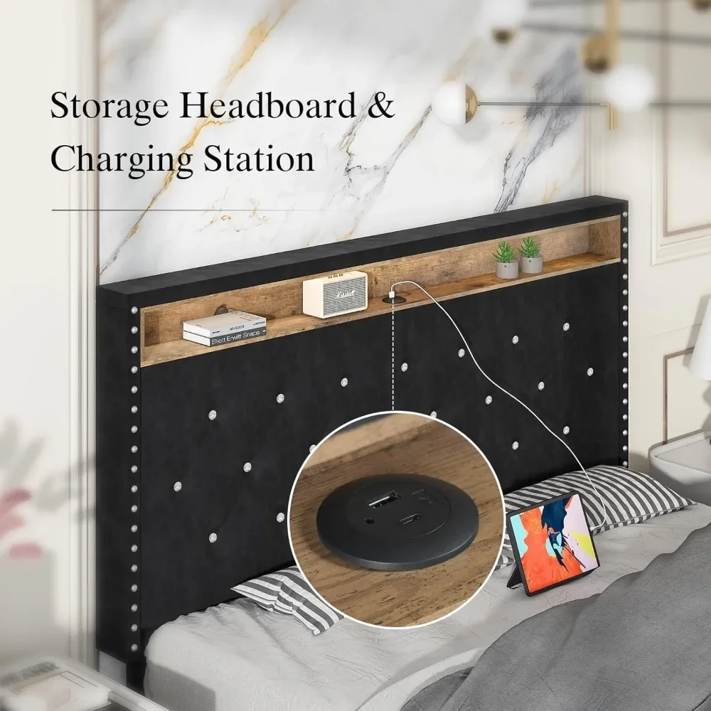 Queen Bed Frame with Led Lights, Charging Station & Storage Shelf Headboard, Diamond Tufted, Black Velvet Upholstered Bed Frame 5