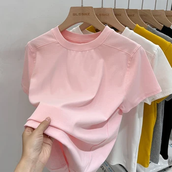 AOSSVIAO 2025 الصلبة الأساسية قصيرة الأكمام المرأة التي شيرت عادية فضفاض س الرقبة قمة الموضة تي شيرت السيدات الكورية تي شيرت الشارع الشهير 4