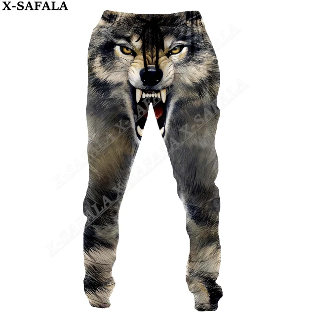 Native Dark Angry Wolf Moon Print Trousers Men Women Sweatpants