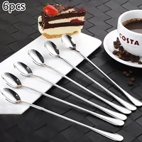 6PCS Stainless Steel Coffee Spoon Long Handle Ice Cream Dessert Tea Spoon For Picnic Drinkware Tableware Kitchen Set Supply 4