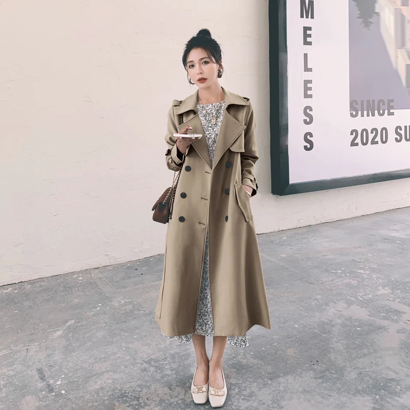 parka jacket Fashion New Slim Women Trench Coat Long Double-Breasted Lady Duster Coat Spring Autumn Outerwear Clothes Beige Khaki Black Green long black puffer coat