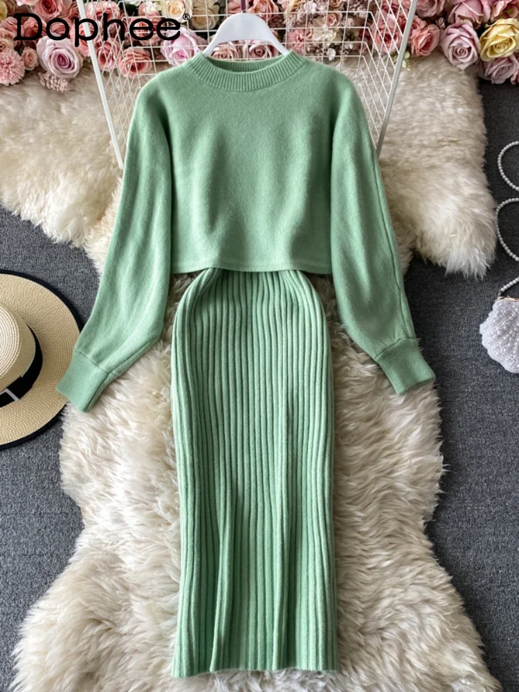 

2023 Fall Winter Fashion Elegant Half Turtleneck Loose Batwing Sleeve Sweater Two-Piece Sets Women V-neck Brace Sheath Dress