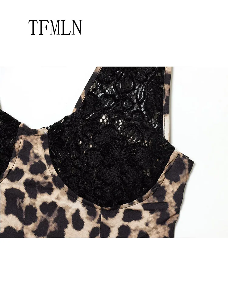 Elegant Women Leopard Printed Lace Patchwork Dress 2026 Spring Fashion V-neck Sleeveless Causal Dress Sexy Backless Party Dress