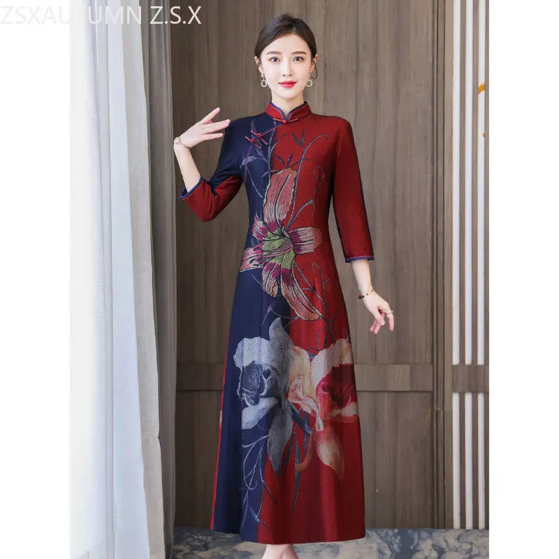 

Chinese Style Slim Qipao Dress Women Modern Elegant 2023 Spring New Improve Vintage Printing Ethnic Style Traditional Cheongsam