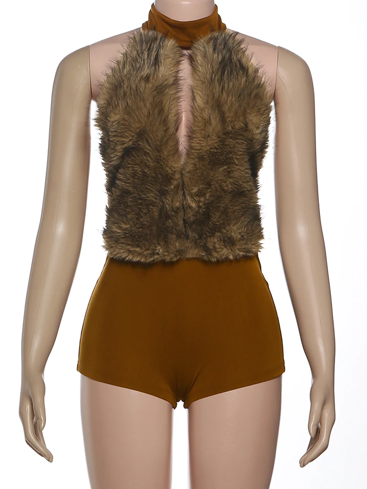 Nibber Elasticity Romper Women Halter Patchwork Fur Sexy Backless Hollow Sleeveless Skinny Clubwear Midnight Activity Playsuit