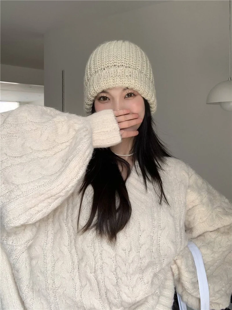 Oversized Sweater Women Fashion Preppy Pink V Neck Knitted Pullovers Harajuku Korean Long Sleeve Knitwear Winter Jumpers