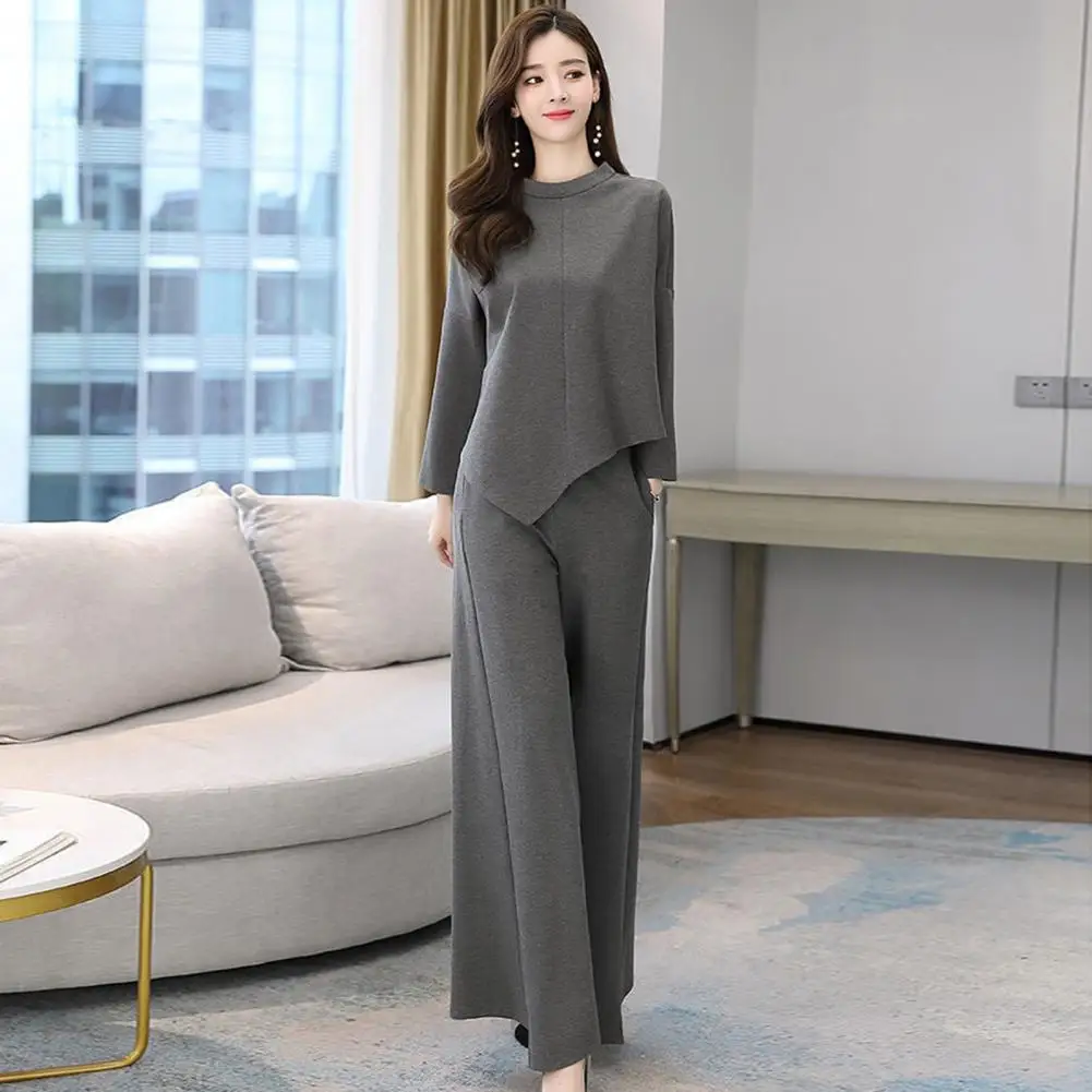 

Women Long Culottes Suit Large Size Commute Top Trousers Set with Irregular Hem Blouse Wide Leg Culottes 2 Pcs/set for Women