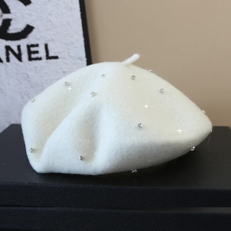 2025 New Rhinestone Wool Thick Berets Women French  Beret Artist  Painter Autumn Winter Hat Girls Female Warm Walking Cap