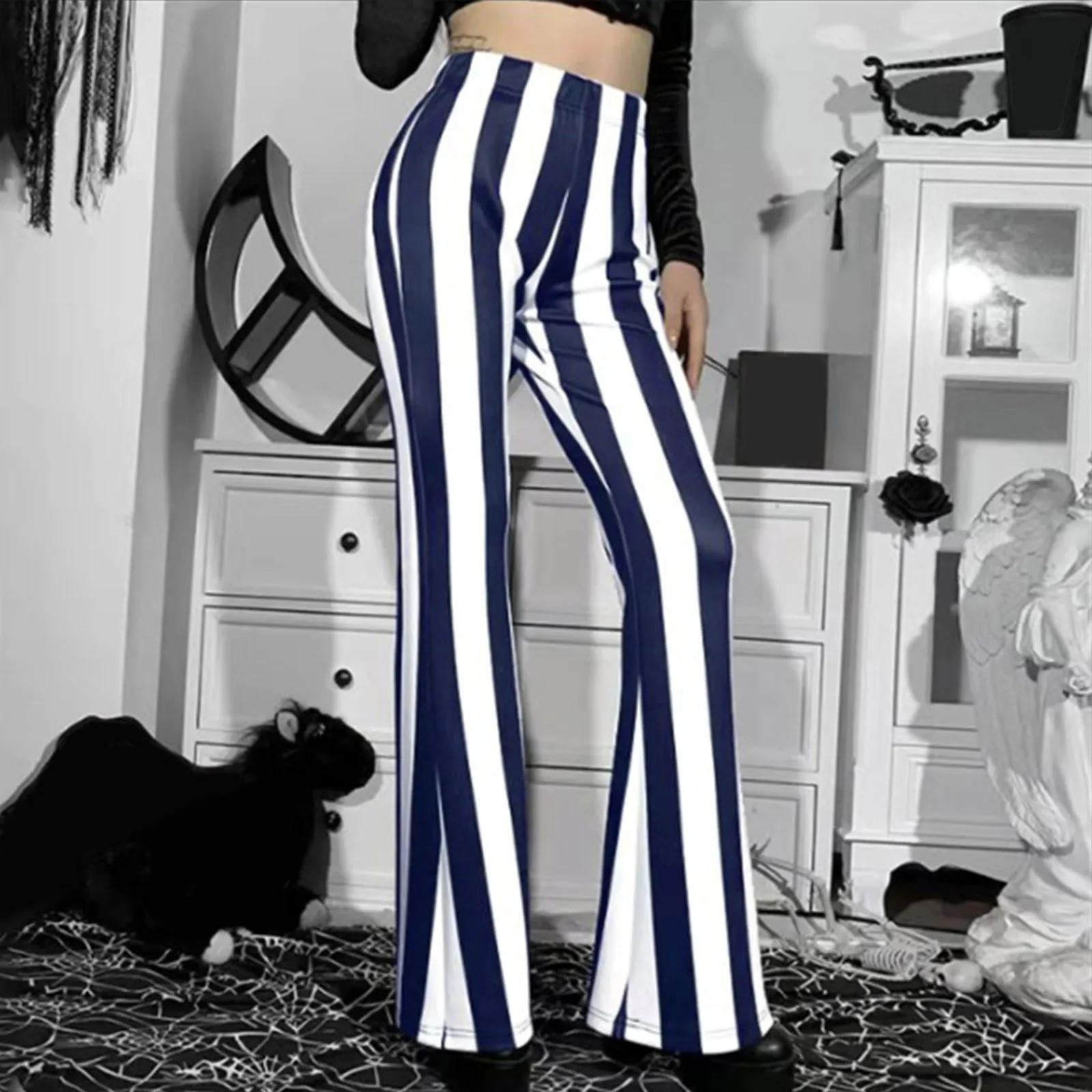 

Women Flare Trousers High Waist Stretch Vertical Stripe Long Pants Casual Club Elastic Lady Stretch Chic Pants Bodycon Trousers