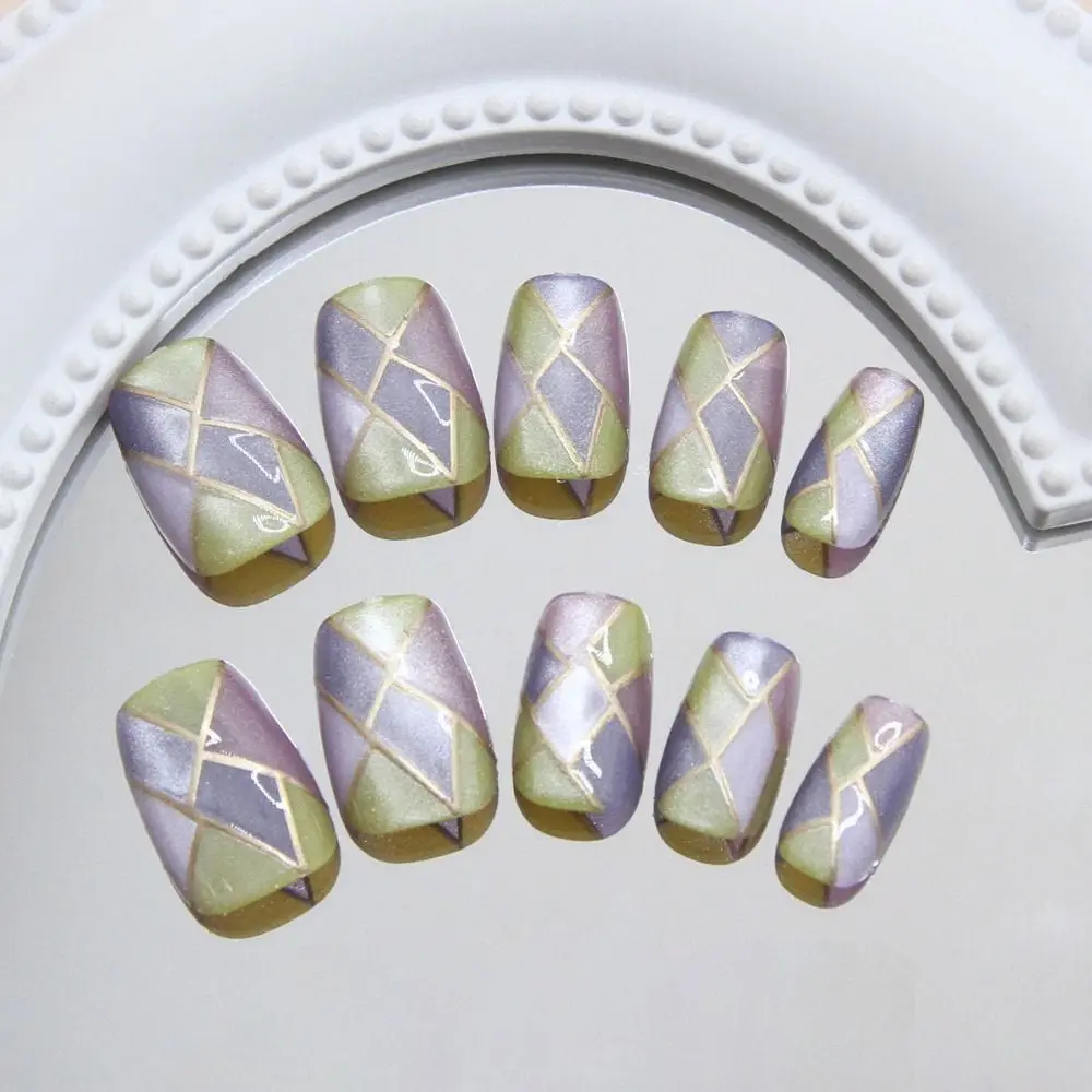 30pcs New Short Ballerina False Nails Cat Eye Color-blocking Fake Nails Detachable Full Cover Press on Nails DIY