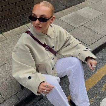 HXAO سترة نسائية معطف ديمي الموسم قصير خندق معطف امرأة طويلة الأكمام زر سترة واقية جديد في معاطف معاطف نسائية أنيقة 2