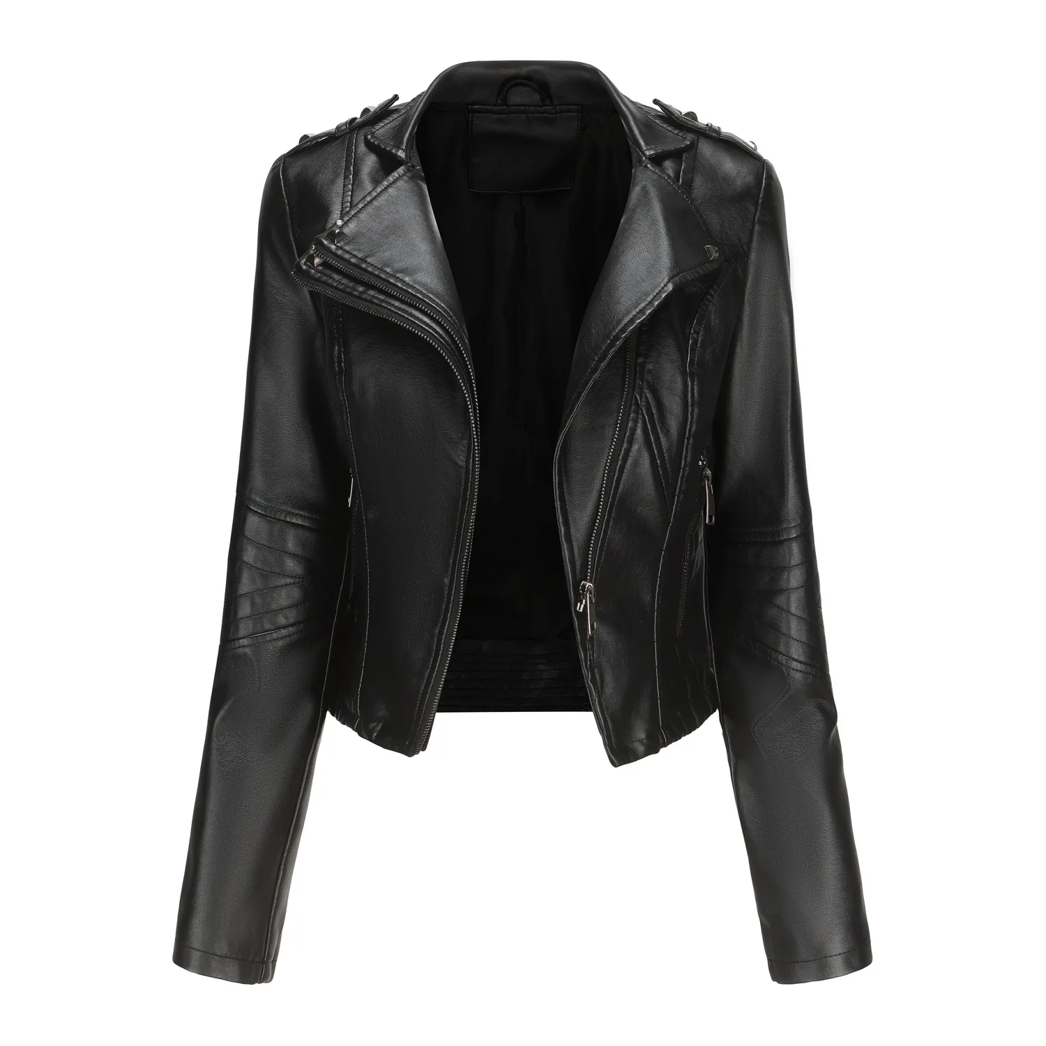 high quality short leather jacket for women long sleeve slim