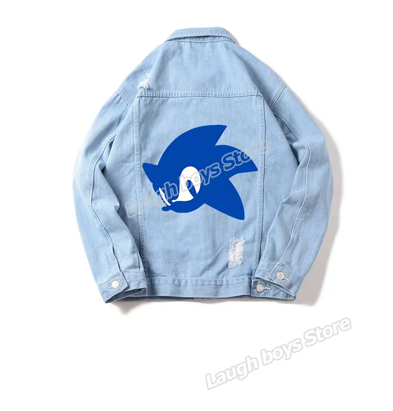 thumbnail image 1 of Chaqueta de mezclilla Sonics con figuras de juego, chaquetas de mezclilla con agujeros rotos, estilo retro americano de primavera y otoño, moda de tela, blusas con cuello vuelto, 1 of 5